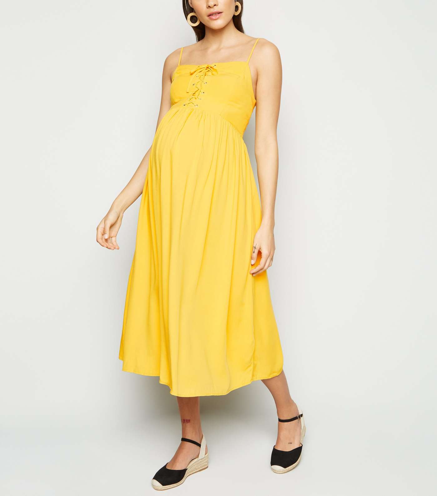 Maternity Yellow Lace Up Front Midi Dress