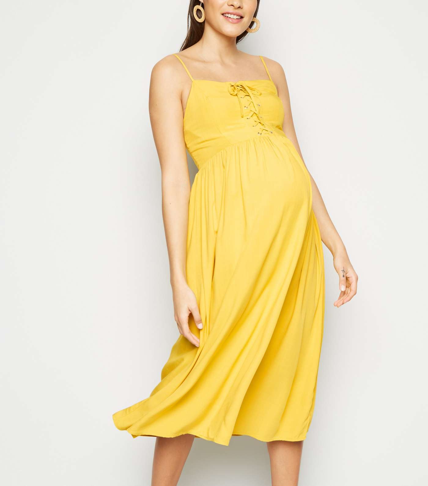 Maternity Yellow Lace Up Front Midi Dress Image 3