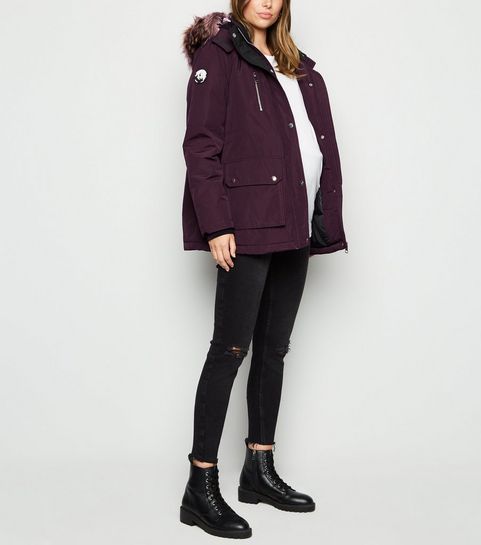 Maternity Dark Purple Faux Fur Parka