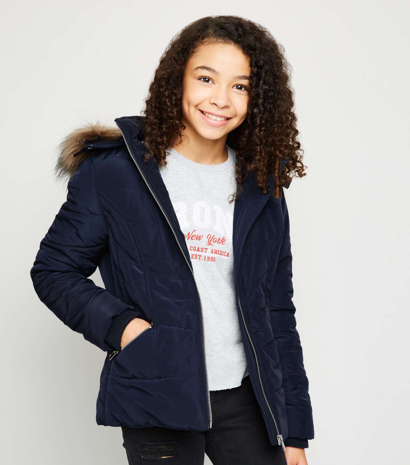 Girls Navy Faux Fur Trim Fitted Puffer Coat