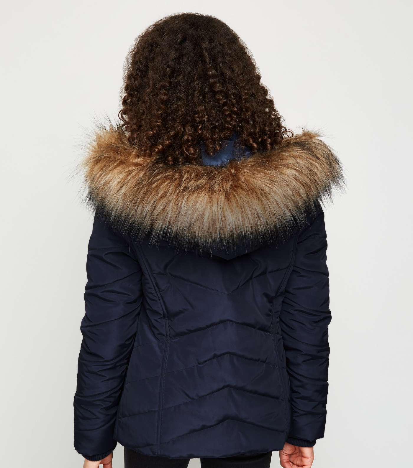 Girls Navy Faux Fur Trim Fitted Puffer Coat Image 3