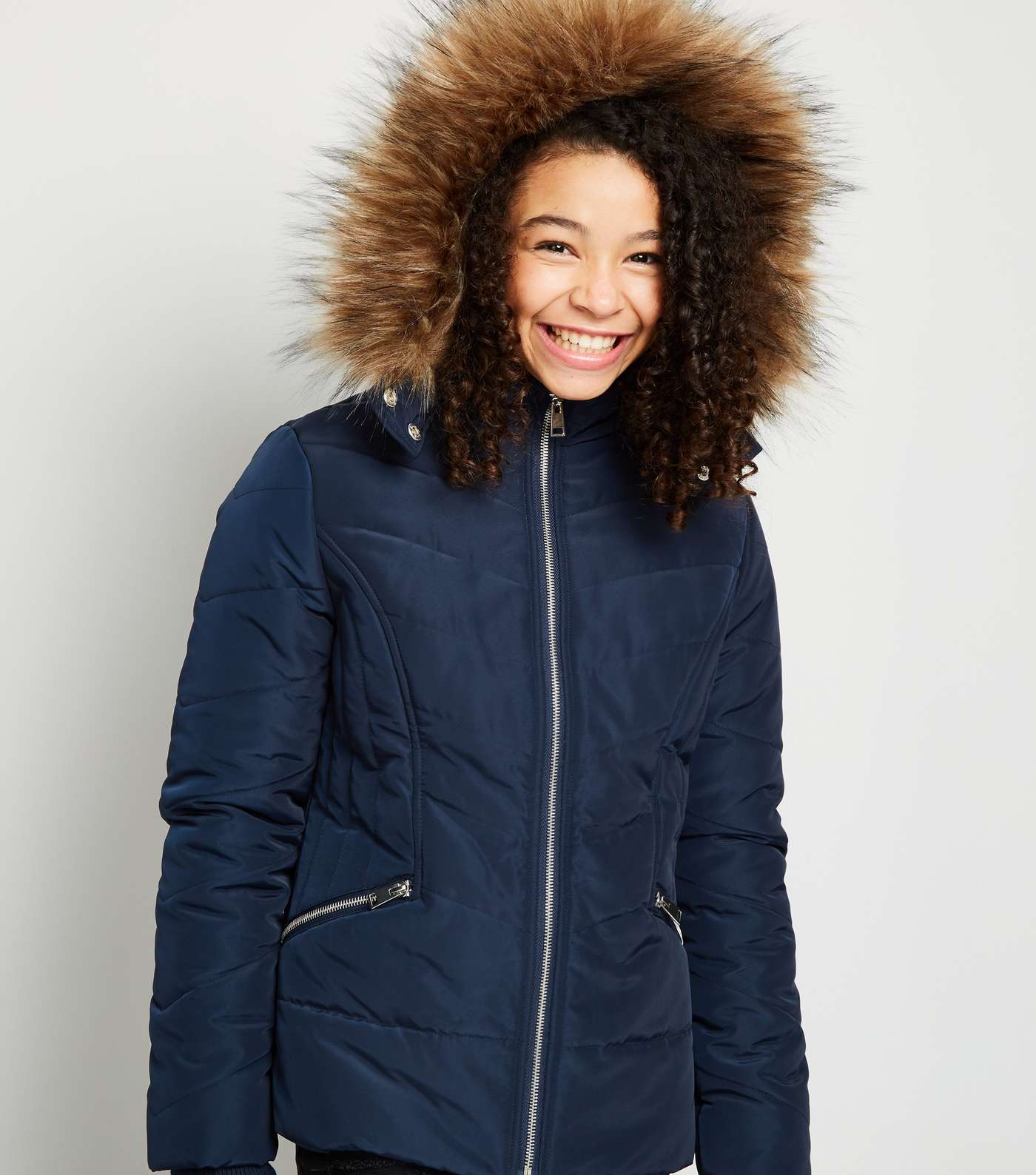 Girls Navy Faux Fur Trim Fitted Puffer Coat Image 5