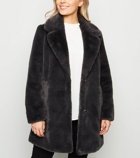Petite – Dunkelgrauer Fake-Fur-Mantel