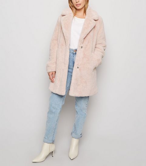 Petite Pale Pink Faux Fur Longline Coat