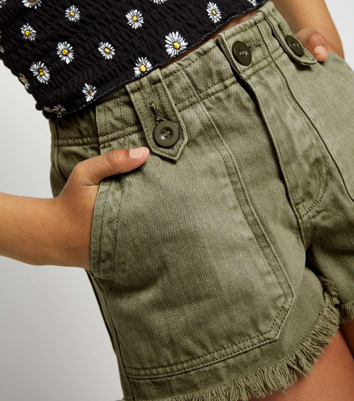 Girls Khaki Denim Utility Shorts  Image 2