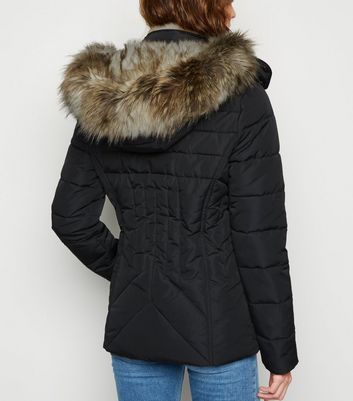 tall black faux fur hooded trim puffer jacket