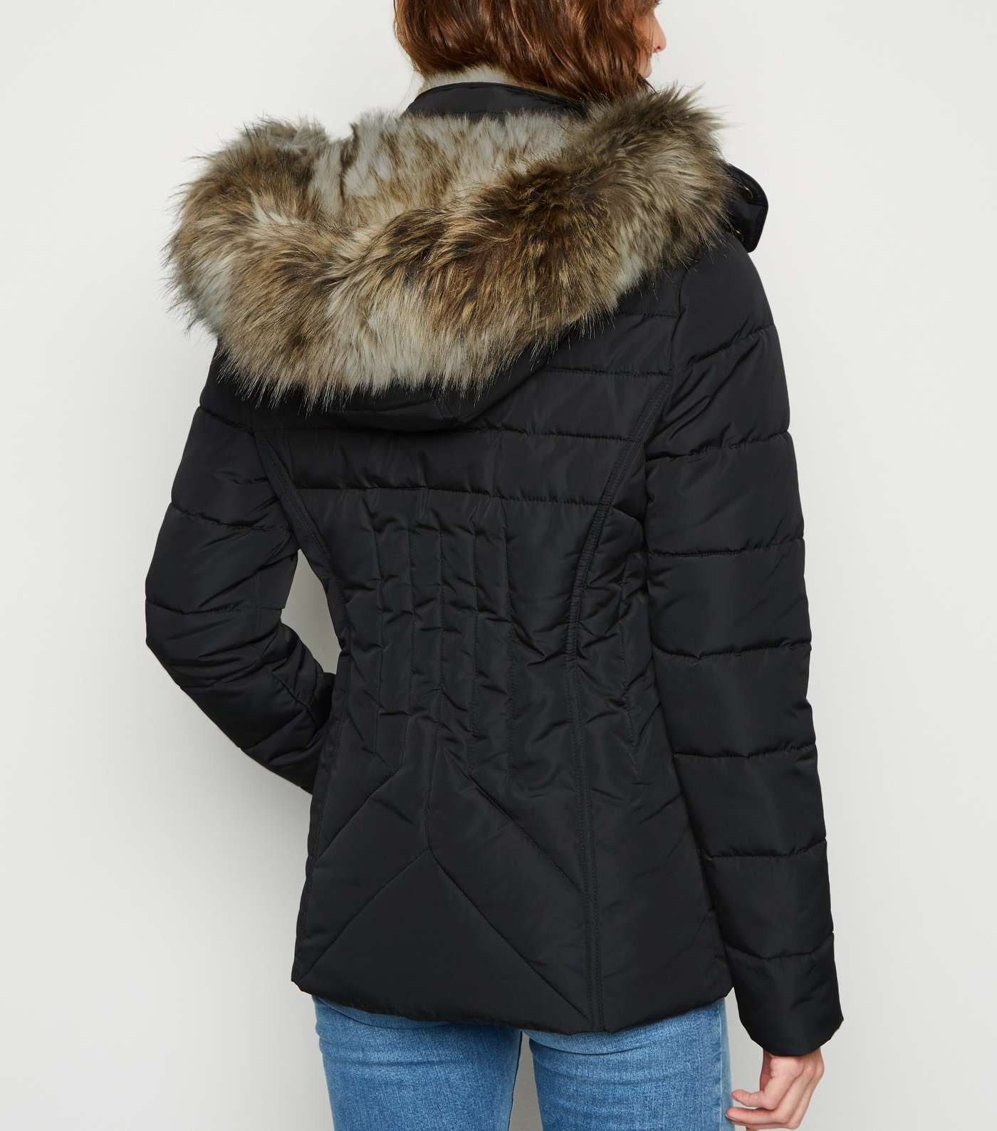 Tall Black Faux Fur Trim Fitted Puffer Jacket Image 3