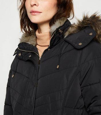 tall black faux fur hooded trim puffer jacket