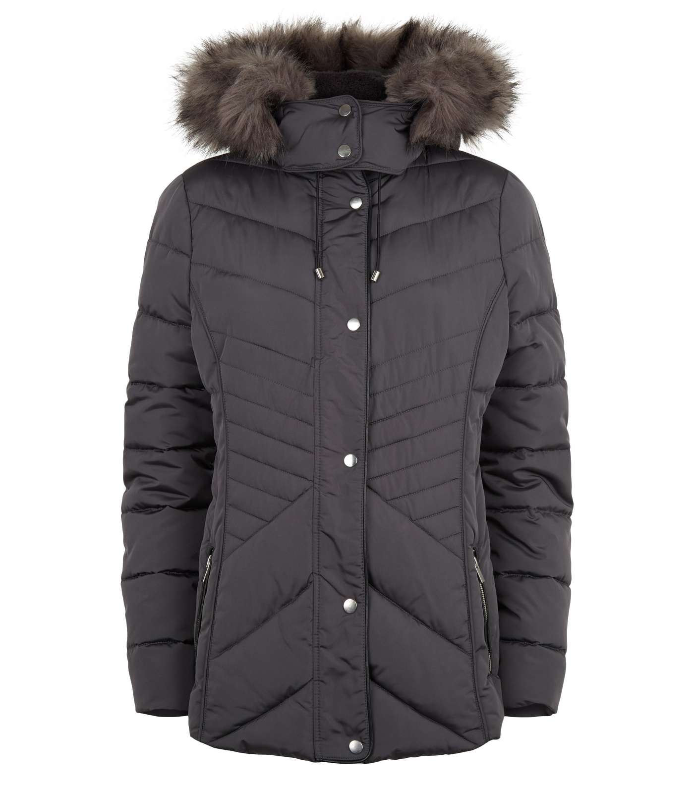 Tall Dark Grey Faux Fur Trim Fitted Puffer Jacket Image 4