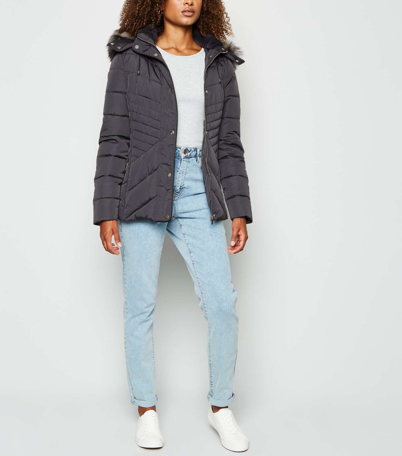 Tall Dark Grey Faux Fur Trim Fitted Puffer Jacket Image 2