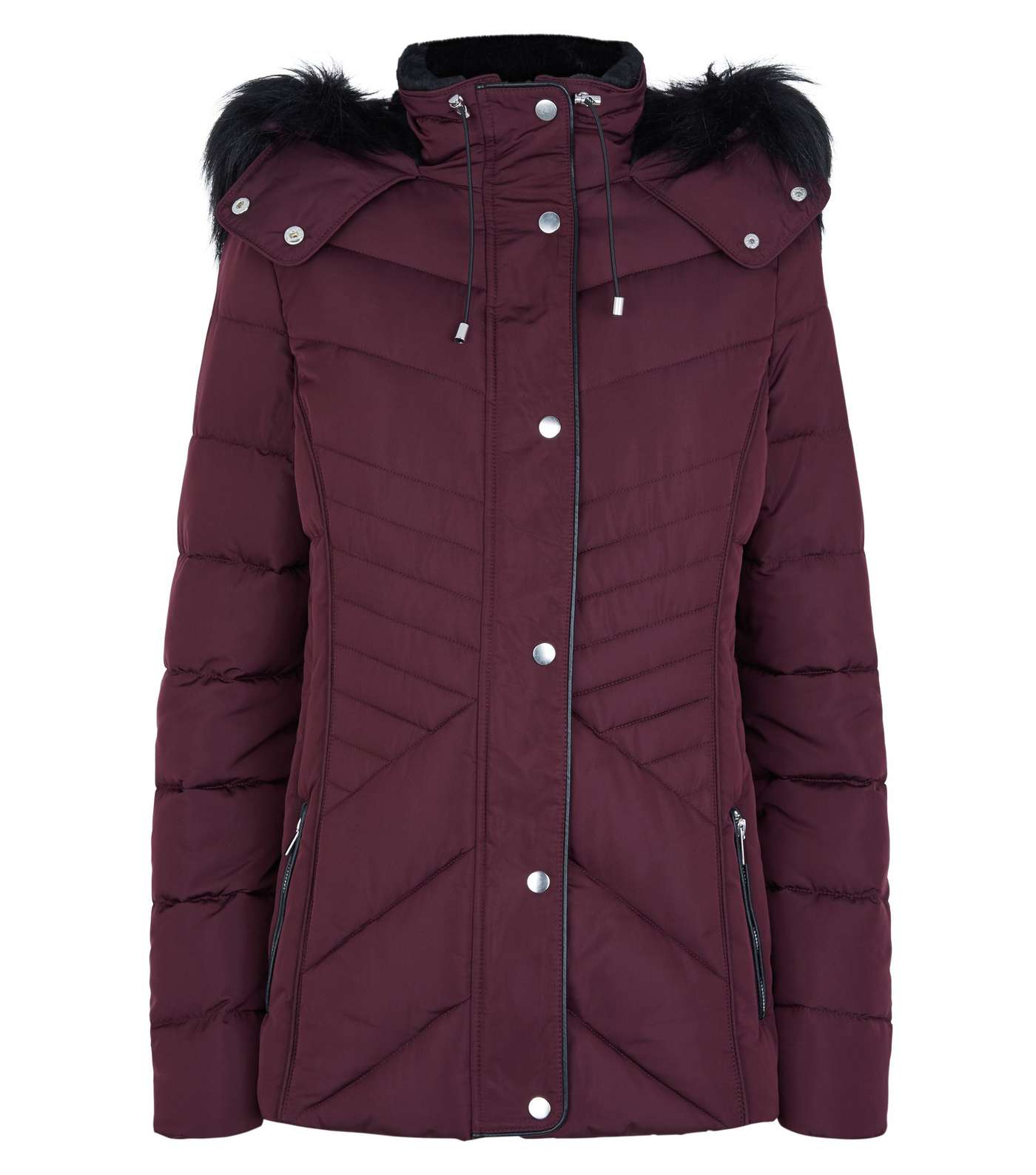 Tall Burgundy Faux Fur Trim Fitted Puffer Jacket Image 4