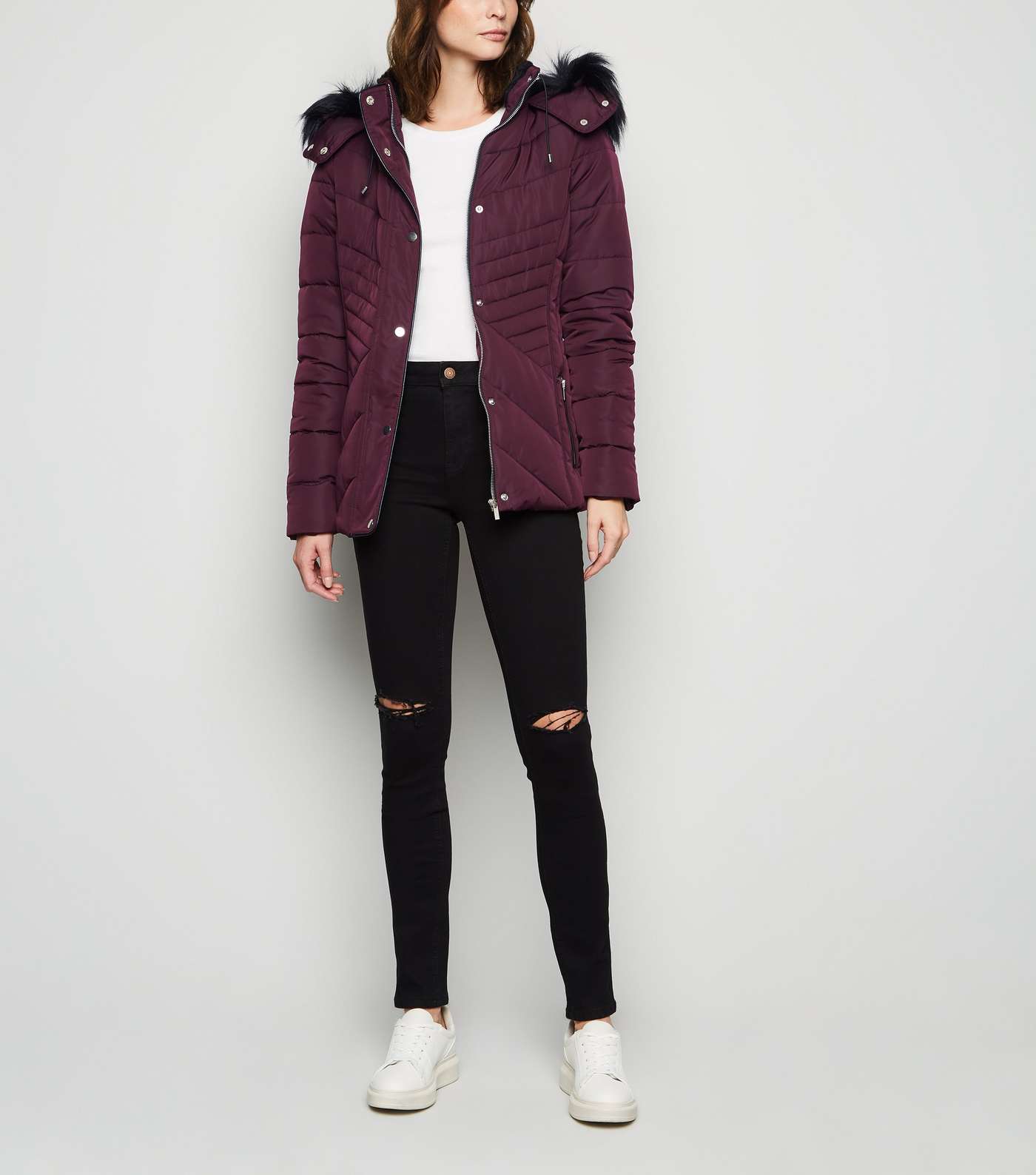 Tall Burgundy Faux Fur Trim Fitted Puffer Jacket Image 2