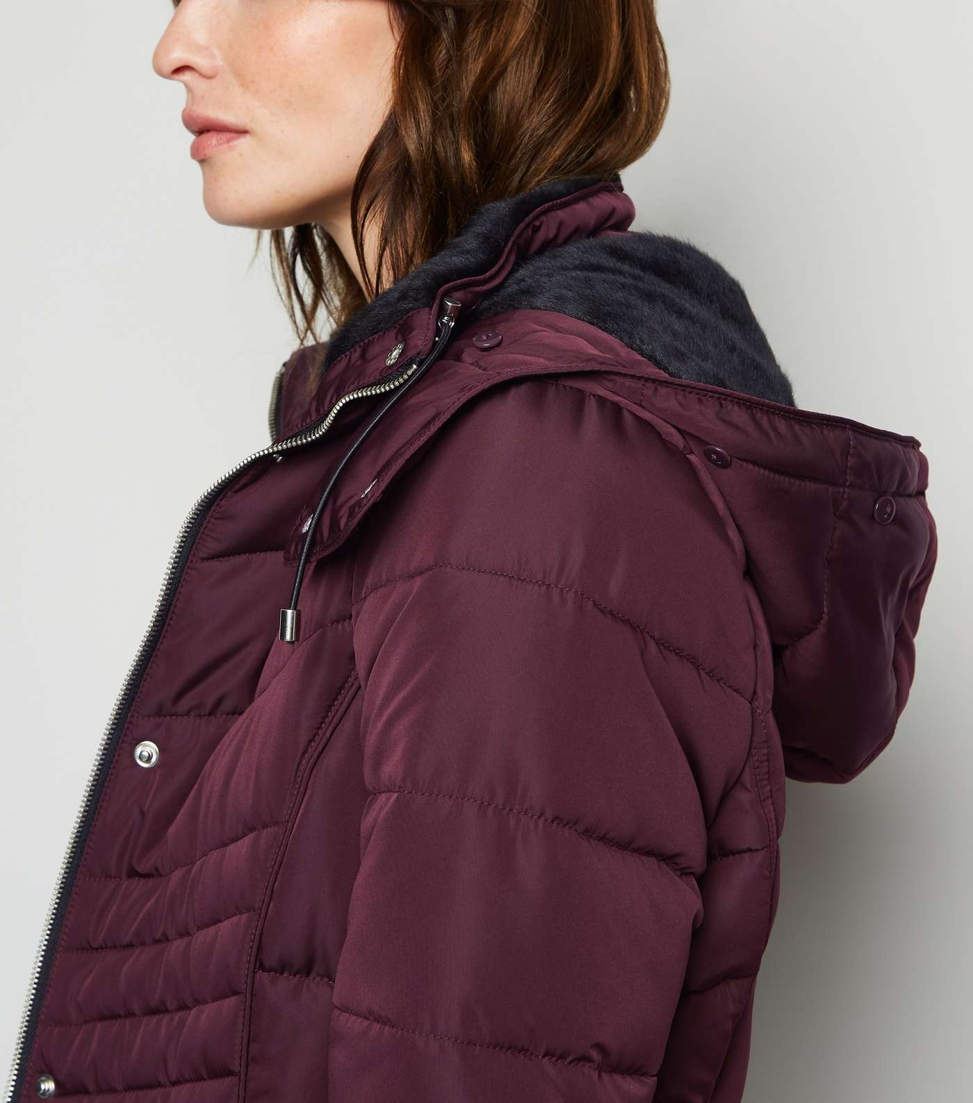 Tall Burgundy Faux Fur Trim Fitted Puffer Jacket Image 6
