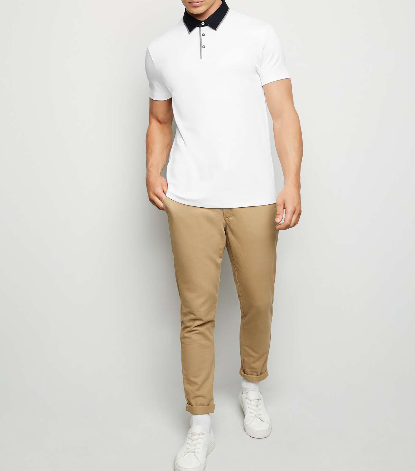 White Contrast Collar Polo Shirt Image 2