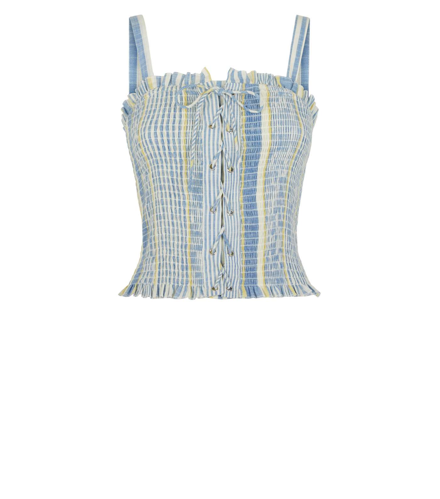 Blue Stripe Shirred Lace Up Top Image 4