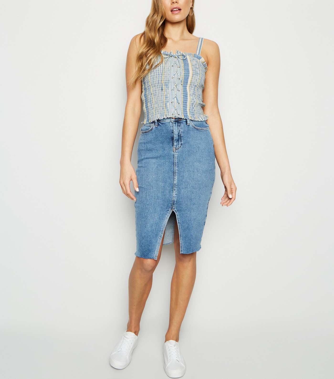 Blue Stripe Shirred Lace Up Top Image 2