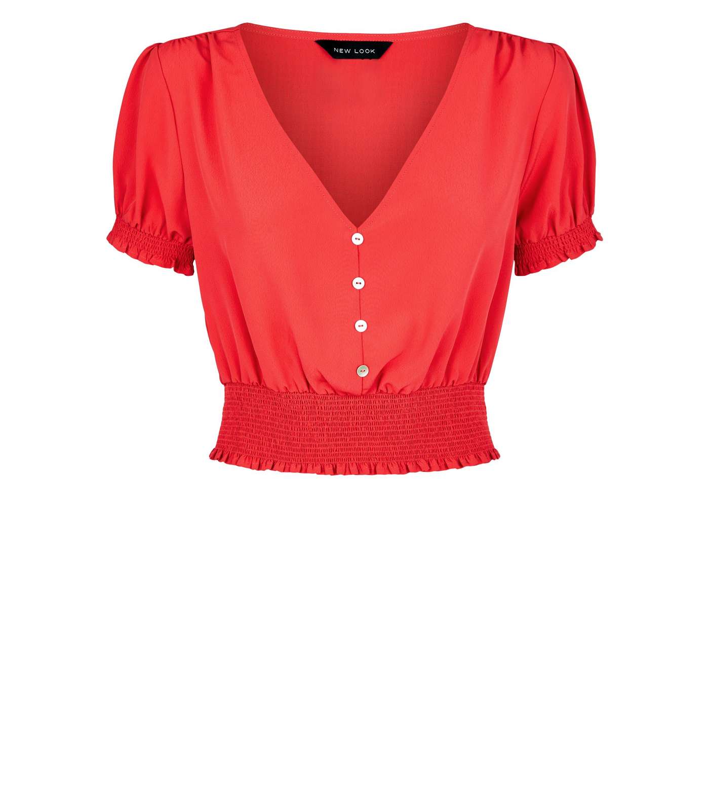 Red Shirred Waist Button Up Blouse Image 4