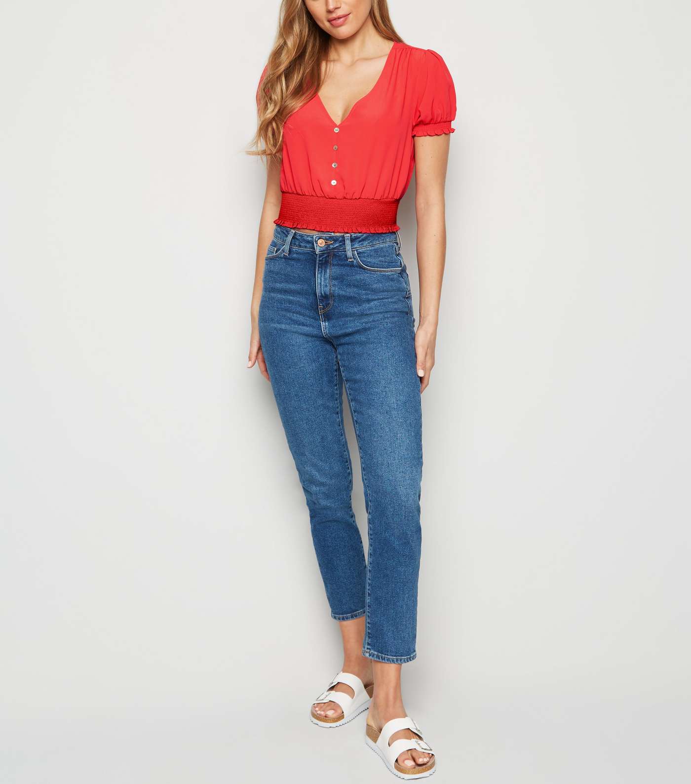 Red Shirred Waist Button Up Blouse Image 2