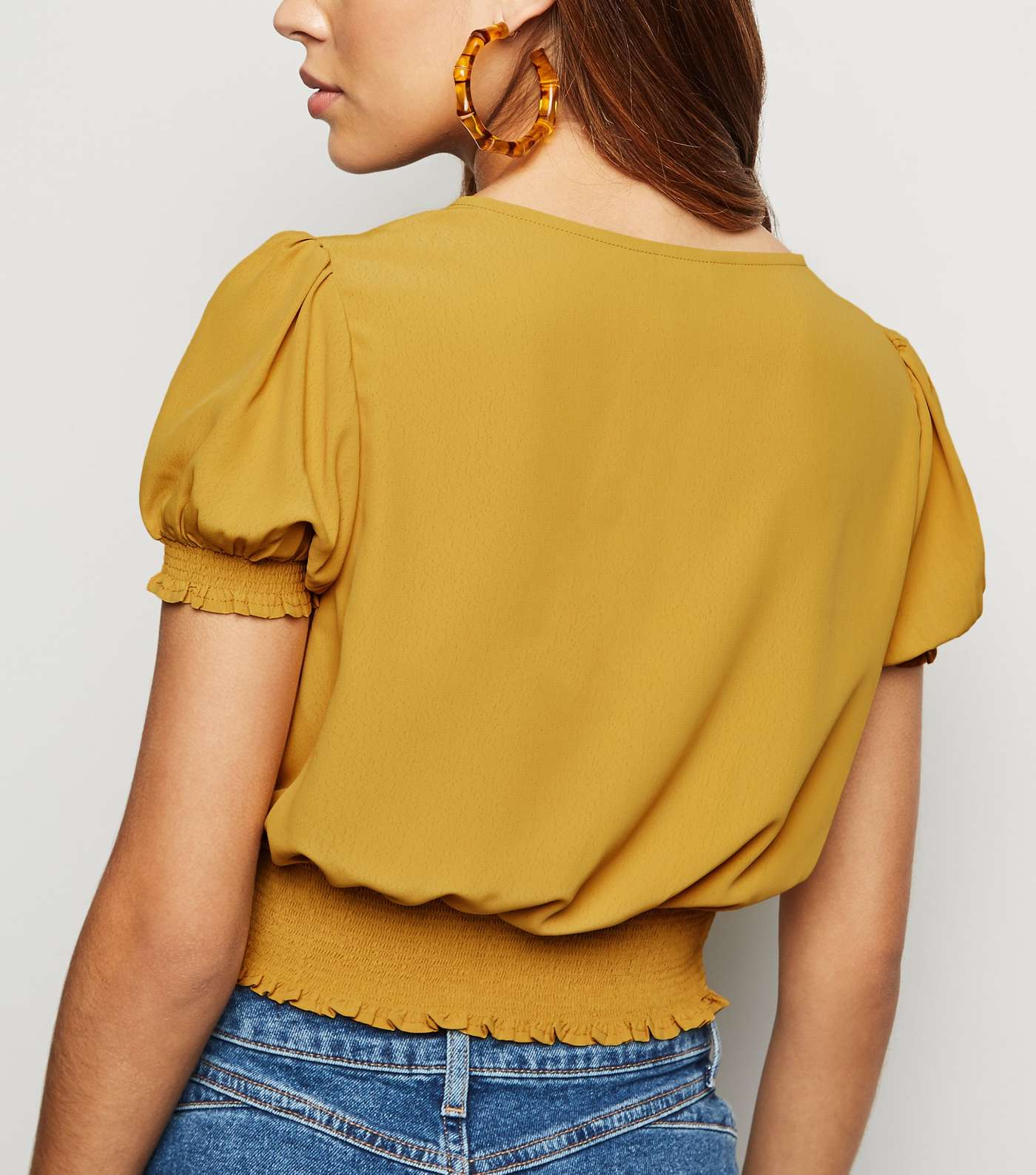 Yellow Shirred Waist Button Up Crop Blouse Image 3