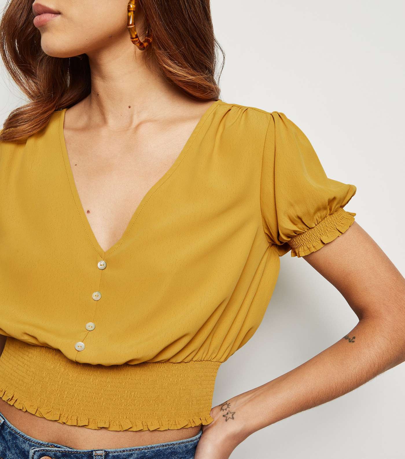 Yellow Shirred Waist Button Up Crop Blouse Image 5