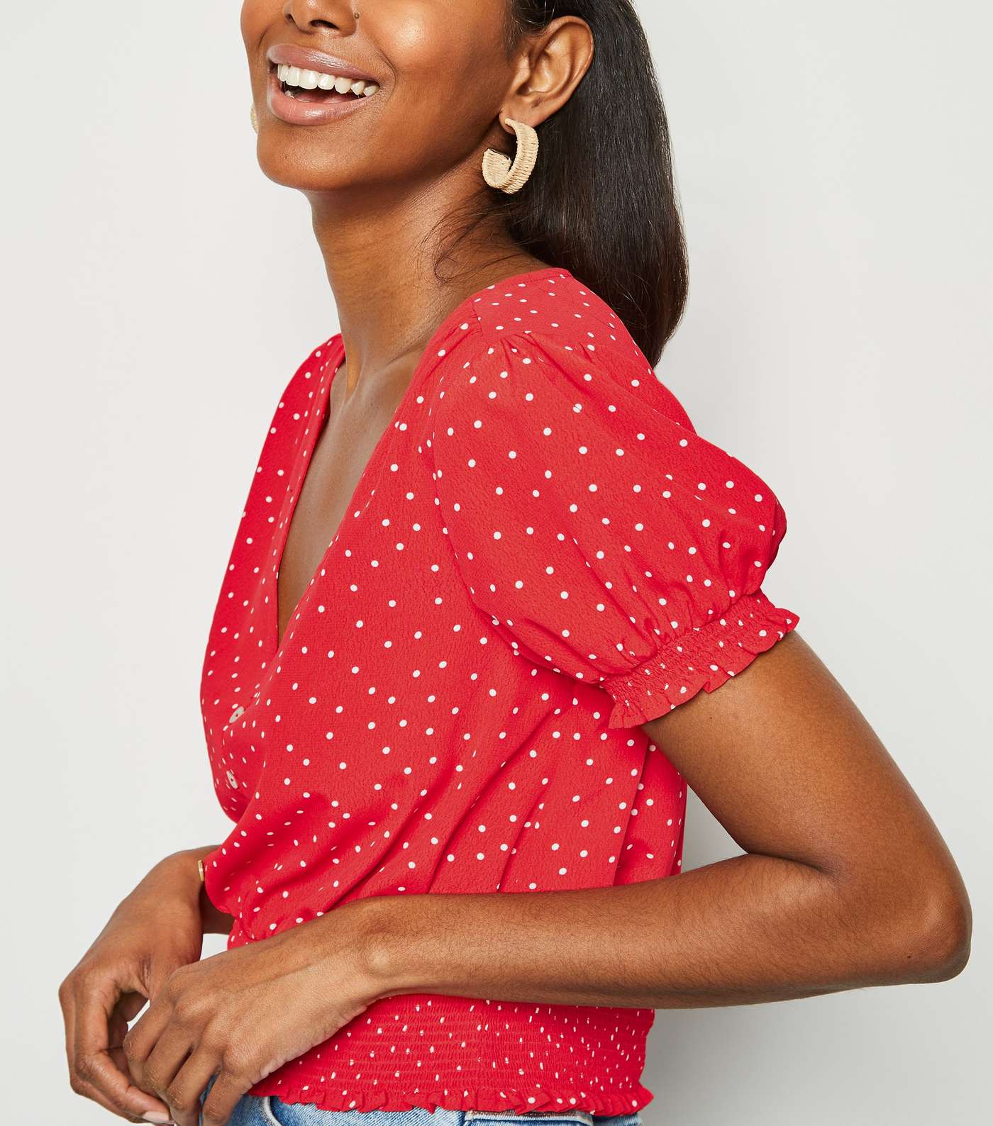 Red Spot Shirred Waist Blouse Image 5