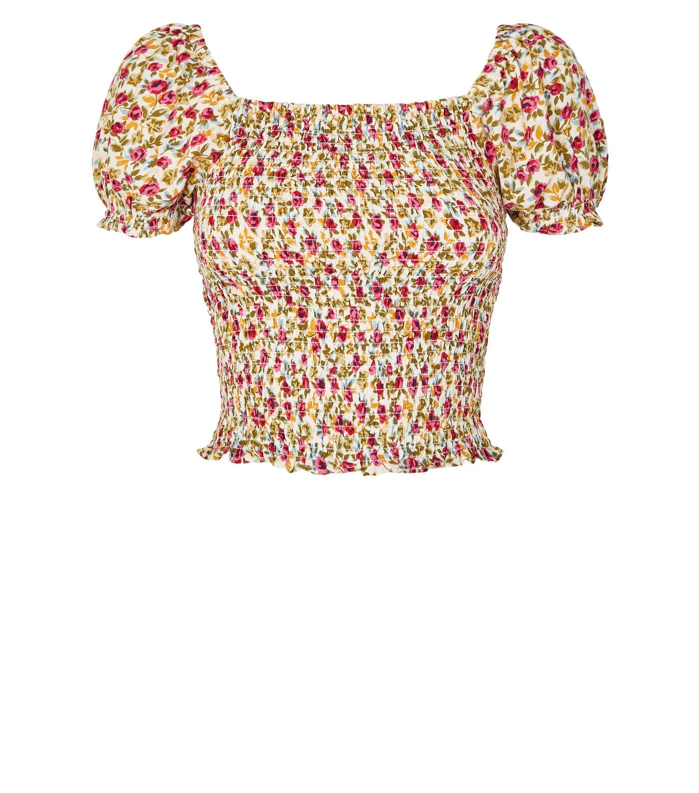 White Floral Shirred Square Neck Top Image 4