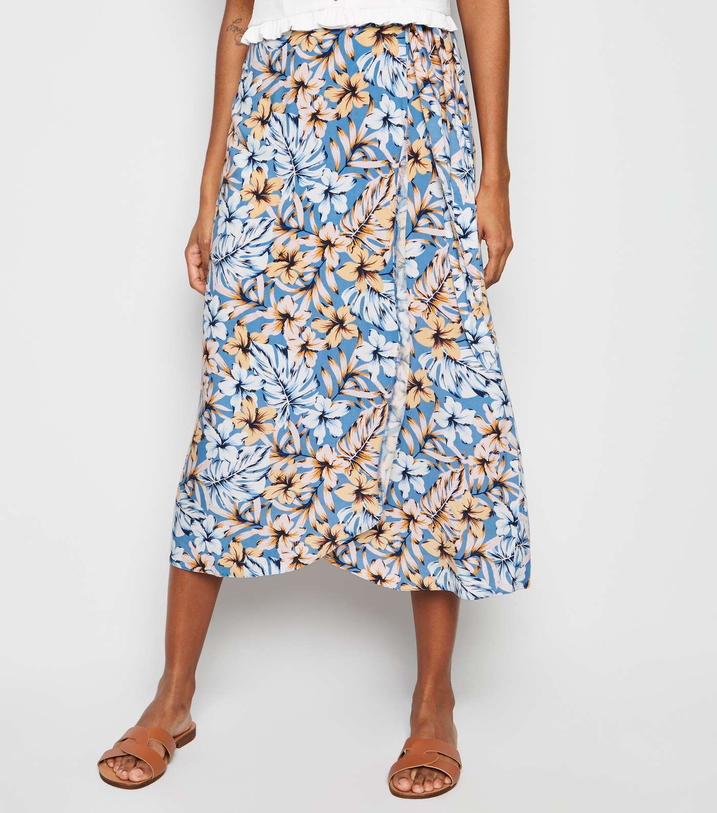 Blue Tropical Floral Wrap Midi Skirt Image 2