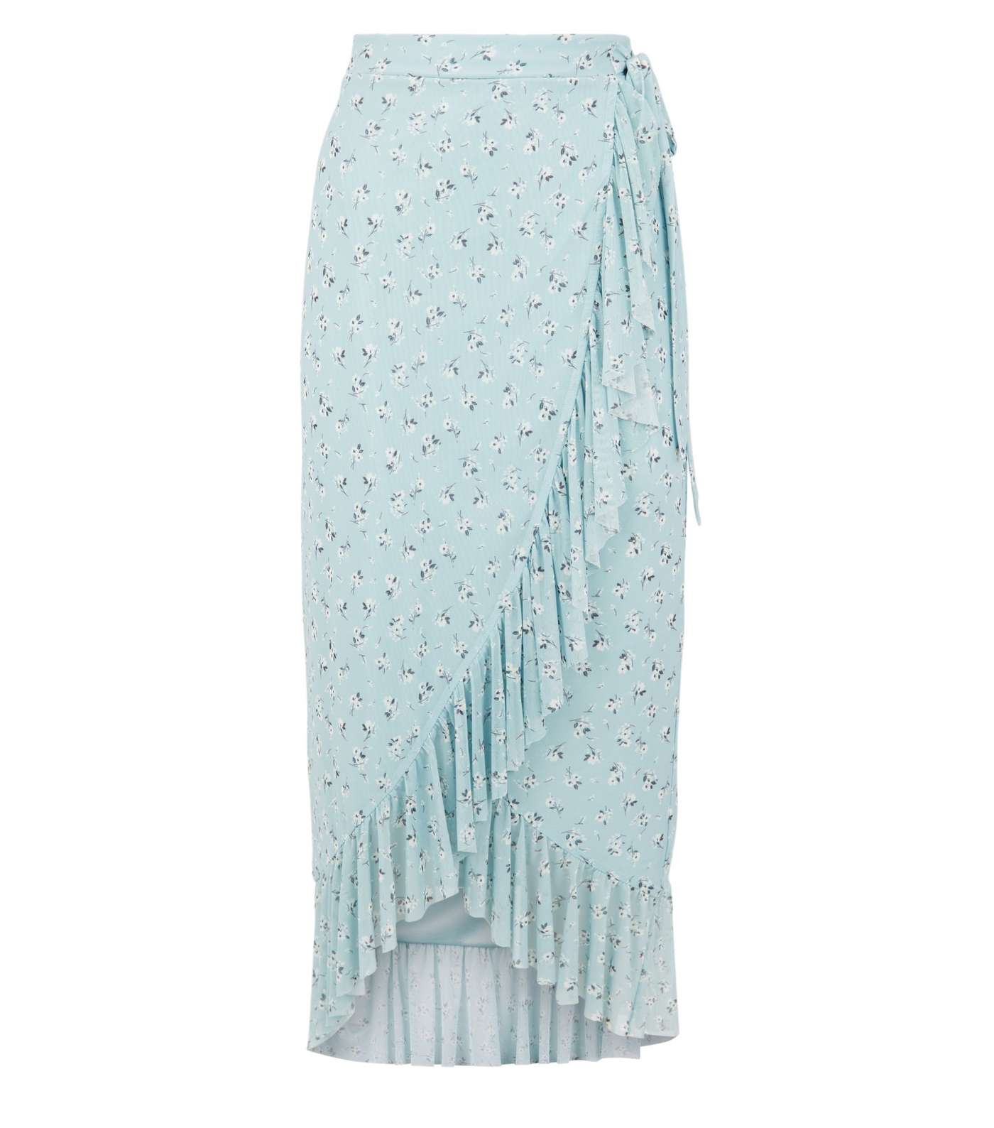 Blue Floral Mesh Frill Wrap Midi Skirt Image 4