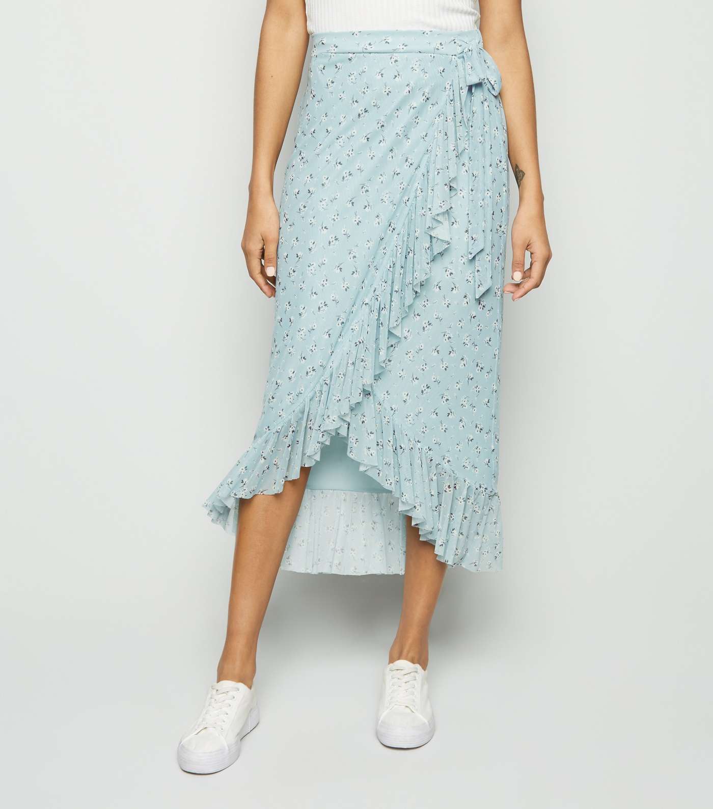 Blue Floral Mesh Frill Wrap Midi Skirt Image 2