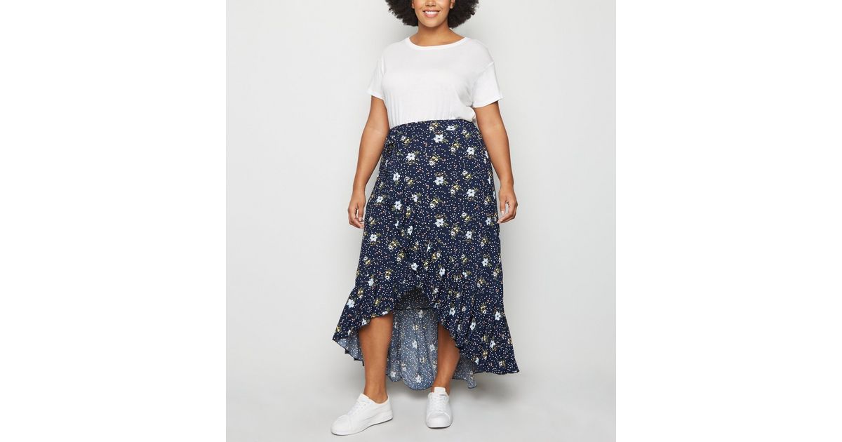 Blue Vanilla Curves Navy Floral Midi Wrap Skirt New Look