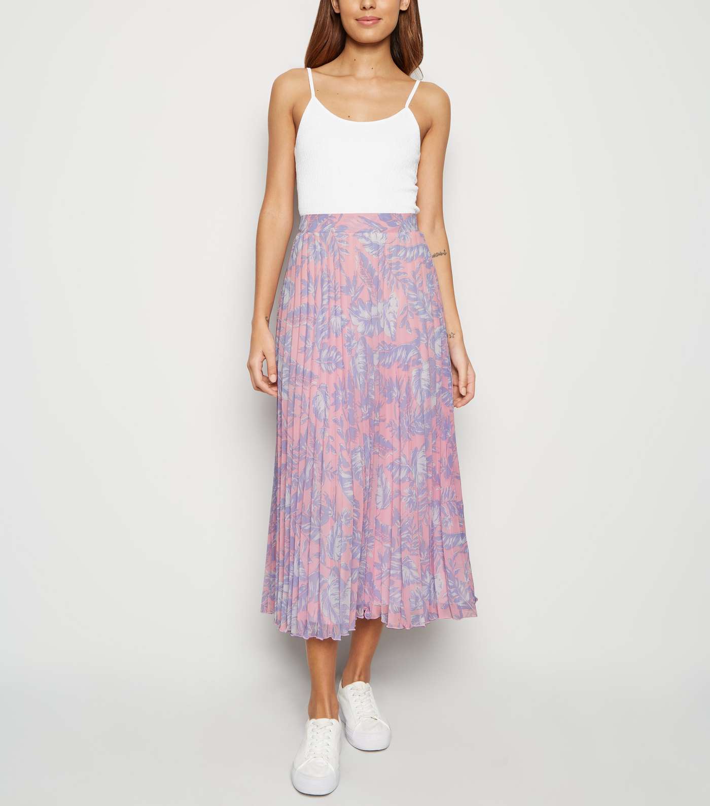 Pink Tropical Pleated Midi Skirt