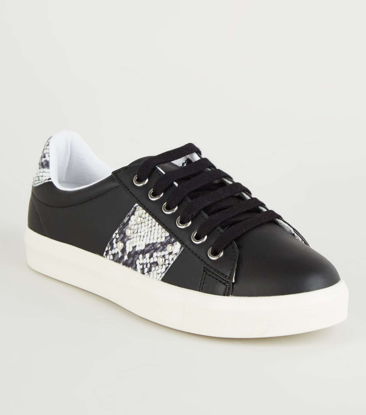 Black Faux Snake Panel Lace Up Trainers