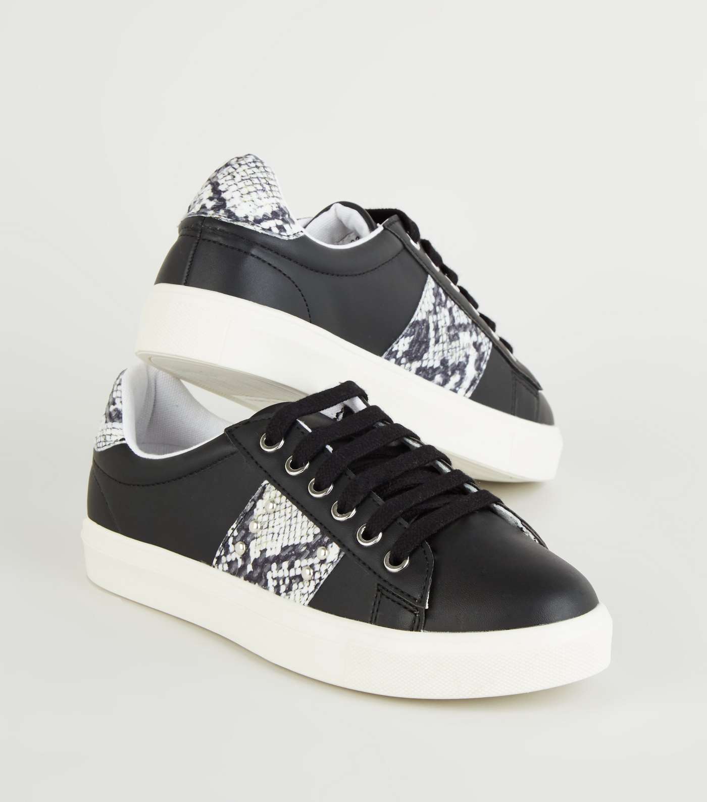 Black Faux Snake Panel Lace Up Trainers Image 3
