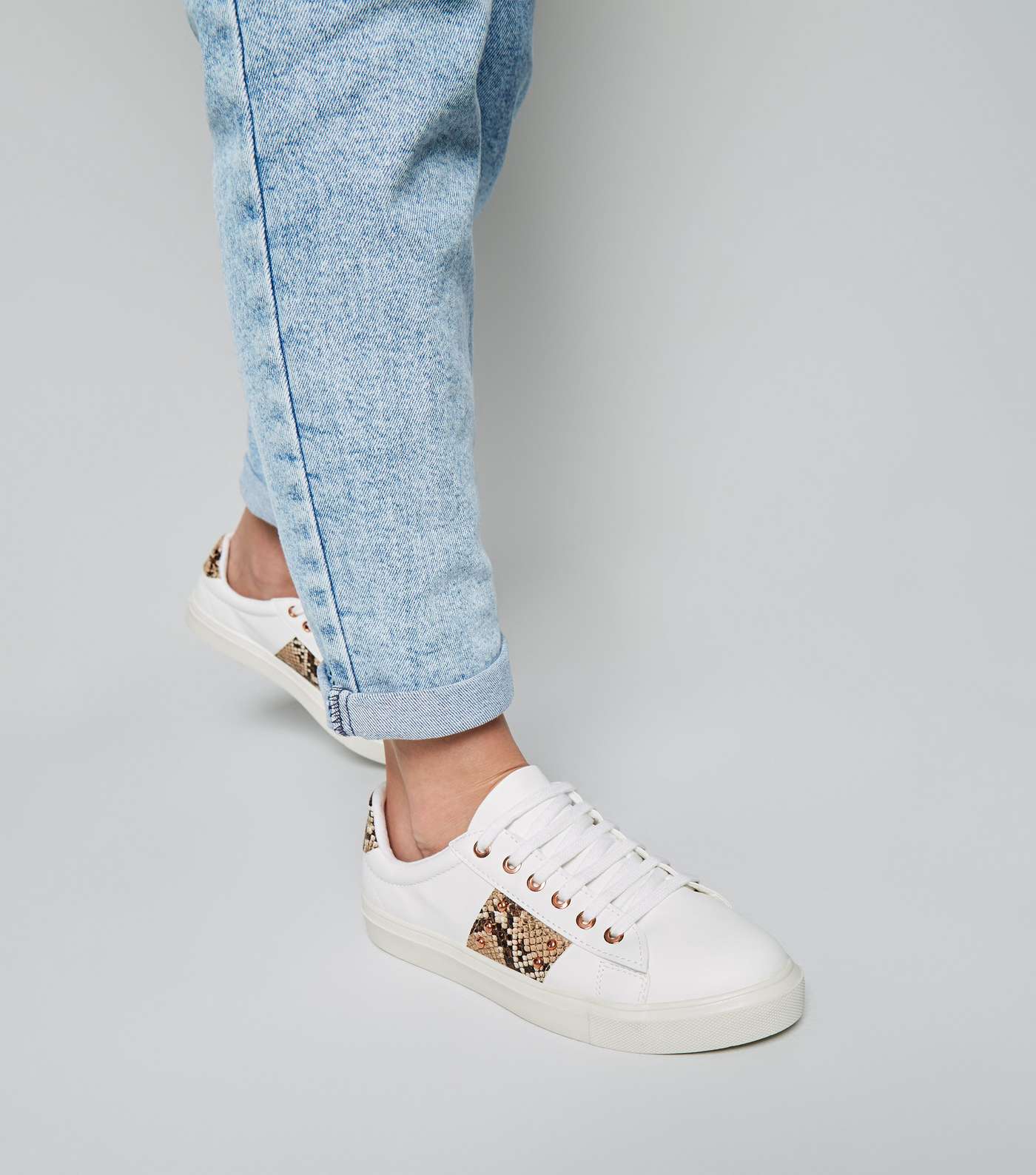 White Faux Snake Panel Lace Up Trainers Image 2