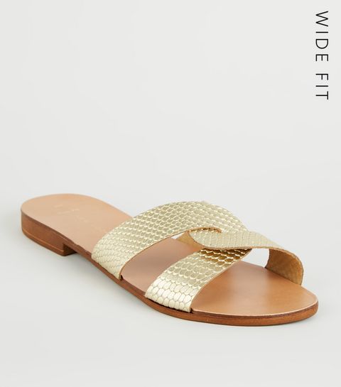 Wide Fit Gold Leather Strap Faux Snake Sliders
