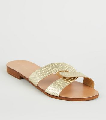 Wide Fit Gold Leather Strap Faux Snake Sliders | New Look