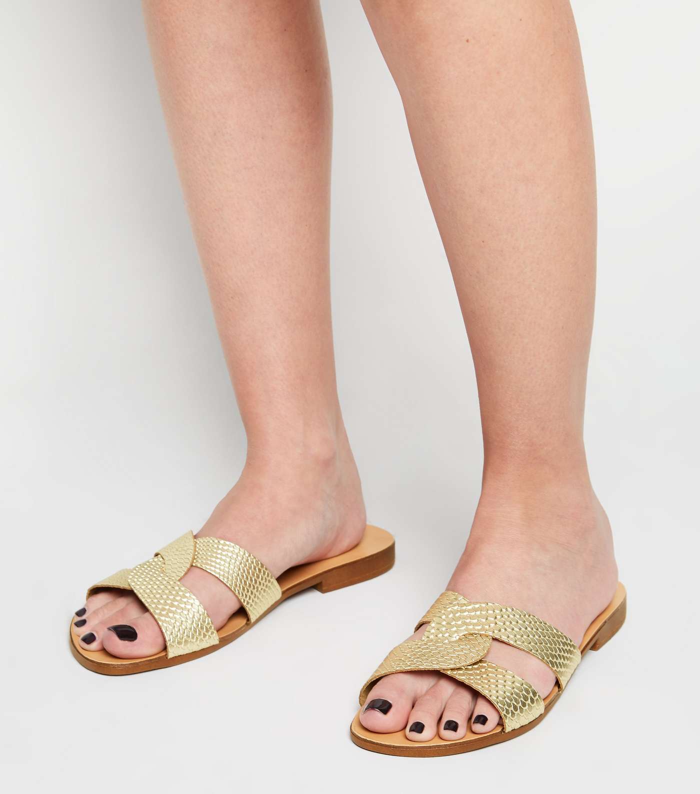 Wide Fit Gold Leather Strap Faux Snake Sliders Image 2