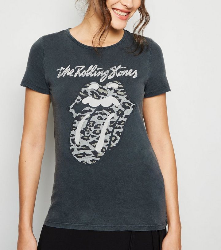 Grey Rolling Stones Leopard Print Logo T Shirt New Look