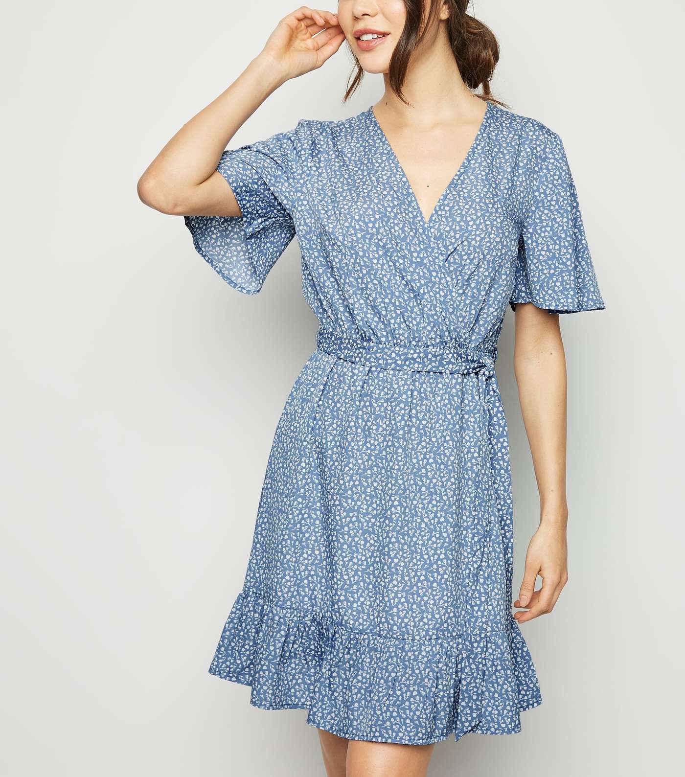 Blue Ditsy Floral Frill Wrap Dress 