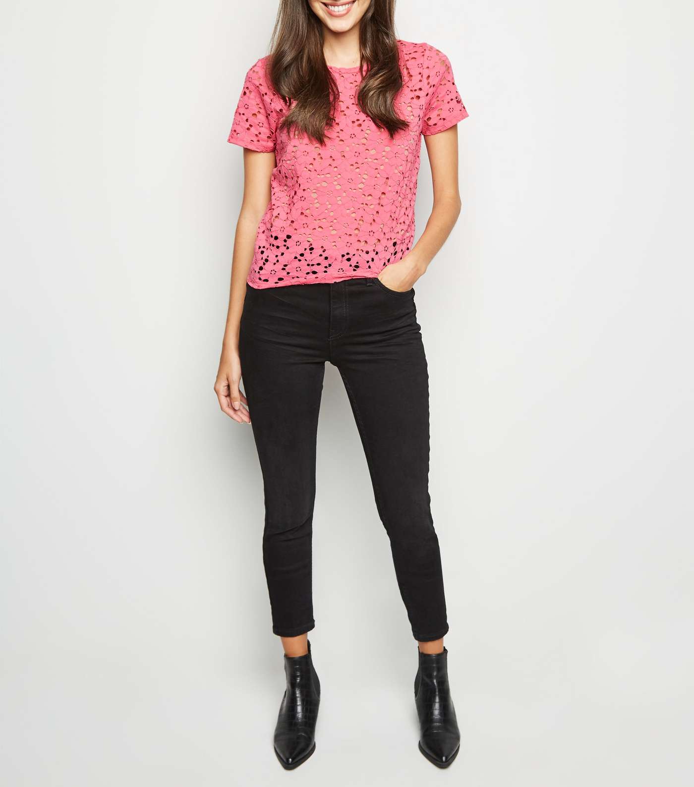 Bright Pink Floral Lace T-Shirt Image 2