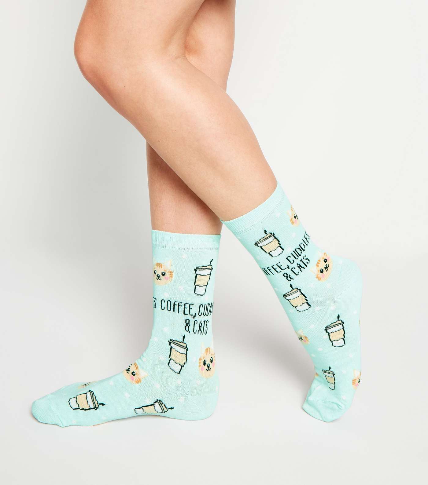 Mint Green Coffee Cuddles and Cats Socks Image 2