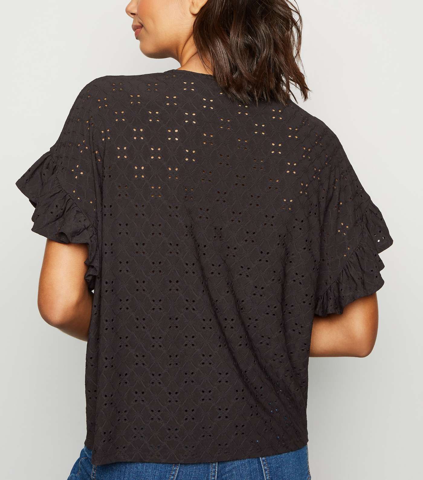Black Broderie Oversized Frill Sleeve Top Image 2