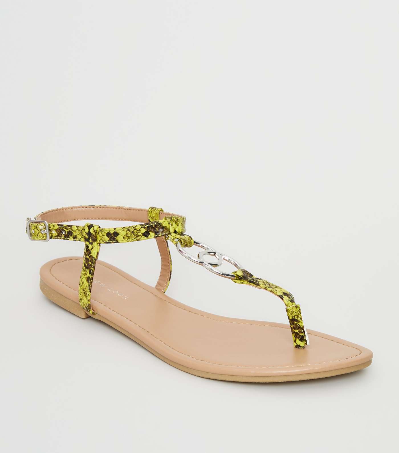 Yellow Faux Snake Ring Strap Flat Sandals