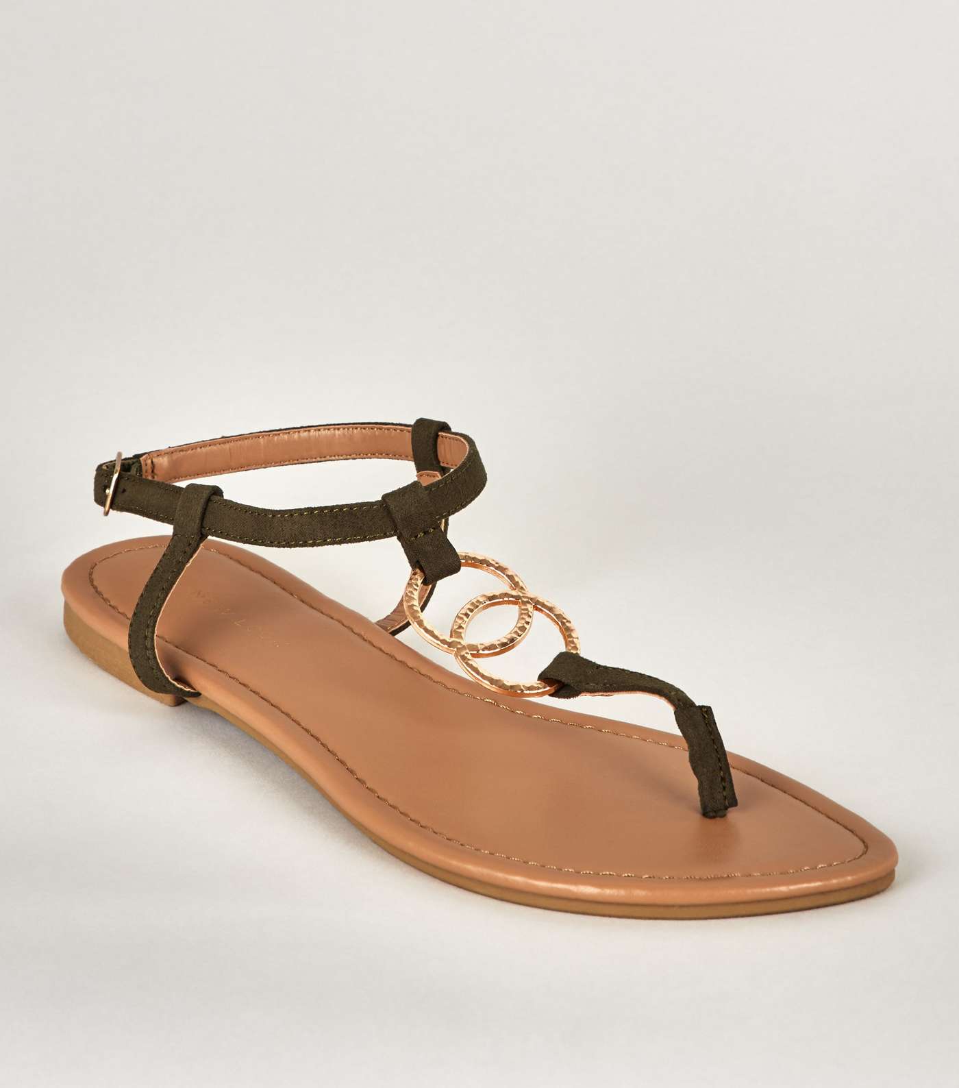 Khaki Hammered Ring Strap Flat Sandals