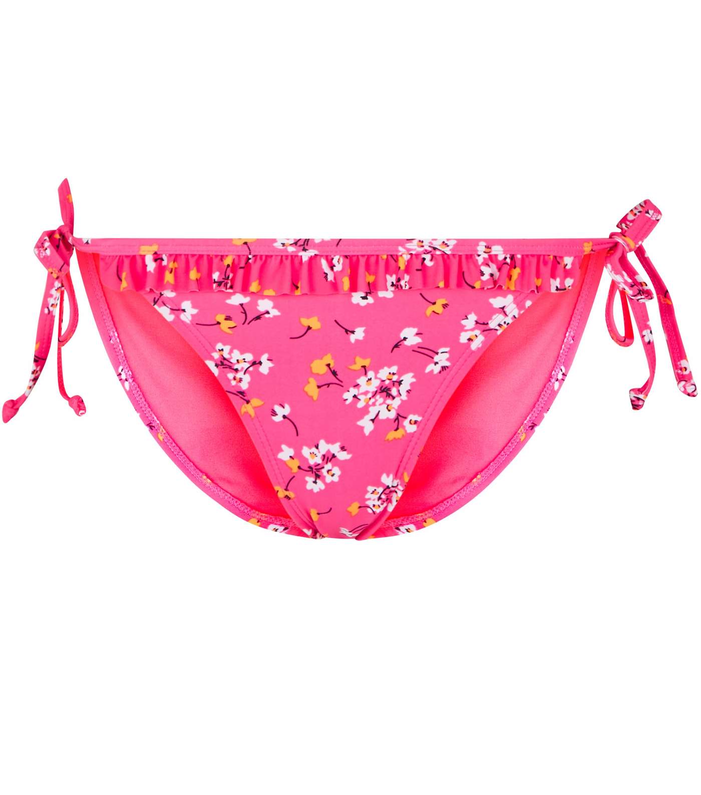 Pink Neon Floral Frill Tie Side Bikini Bottoms Image 4