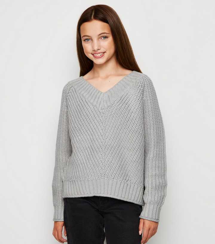 Girls Grey V Neck Ribbed Jumper
