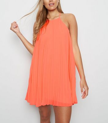 Coral Neon Pleated Halterneck Shift Dress New Look