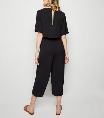 tie neck short sleeve black jumpsuit