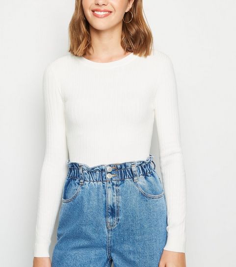 Off White Ribbed Crew Neck Jumper