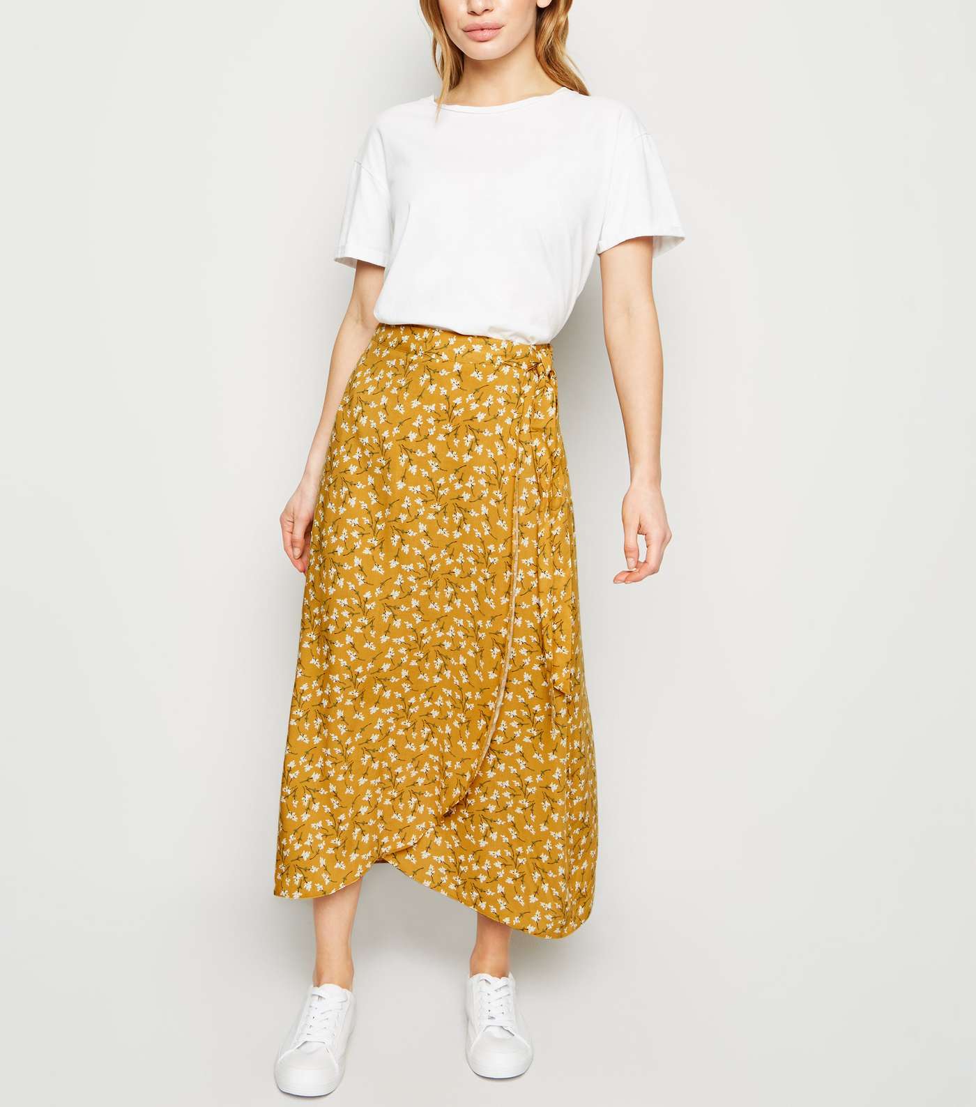 Petite Yellow Ditsy Floral Wrap Midi Skirt